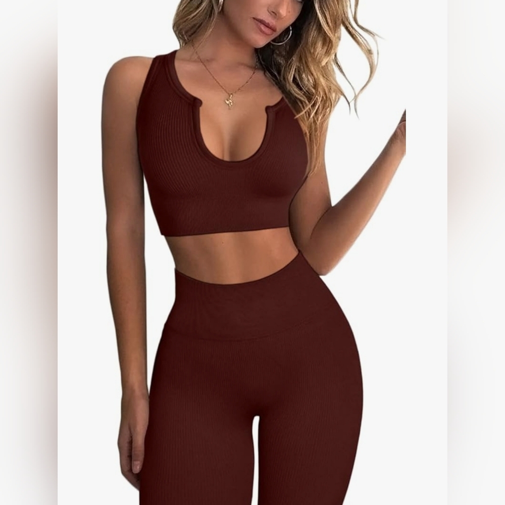 QINSEN Workout Outfit for Women 2 Piece Ribbed Seamless High Waist Yoga Set